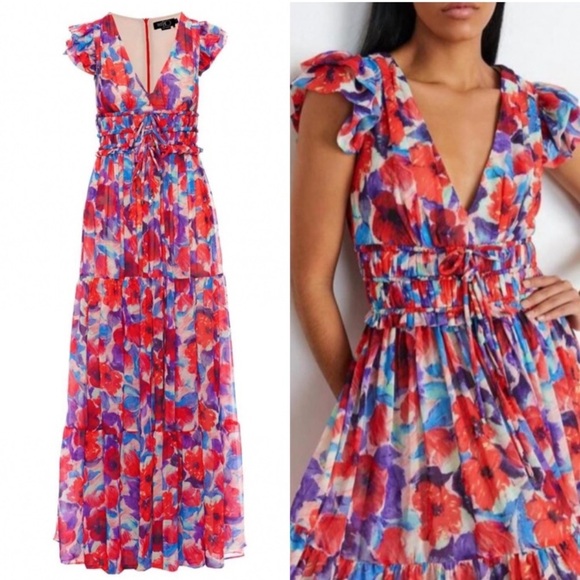PatBO Violet V Neck Flutter Sleeve Maxi Dress in Size 0 NWT Cherry Maxi Ties New - Picture 1 of 17